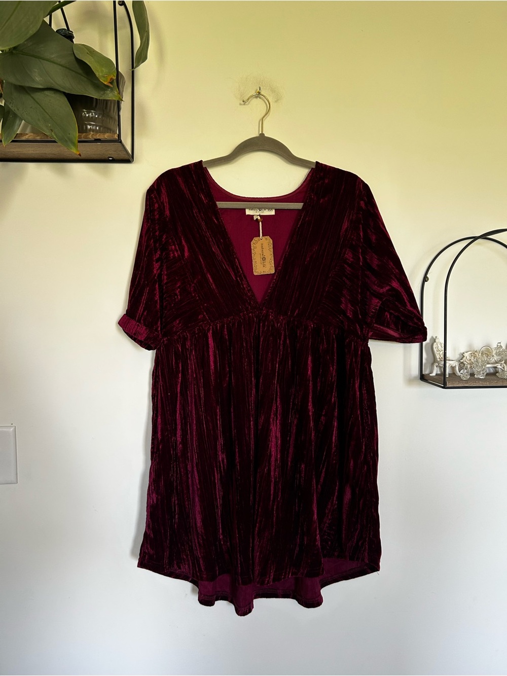NWT Natural Life Burgundy Crushed Velvet Short Sleeve Babydoll Mini Dress XS/S